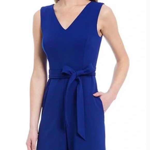 Calvin Klein Sleeveless V neck Pockets Belted Wide Leg Jumpsuit Royal Blue 4 - Picture 2 of 13